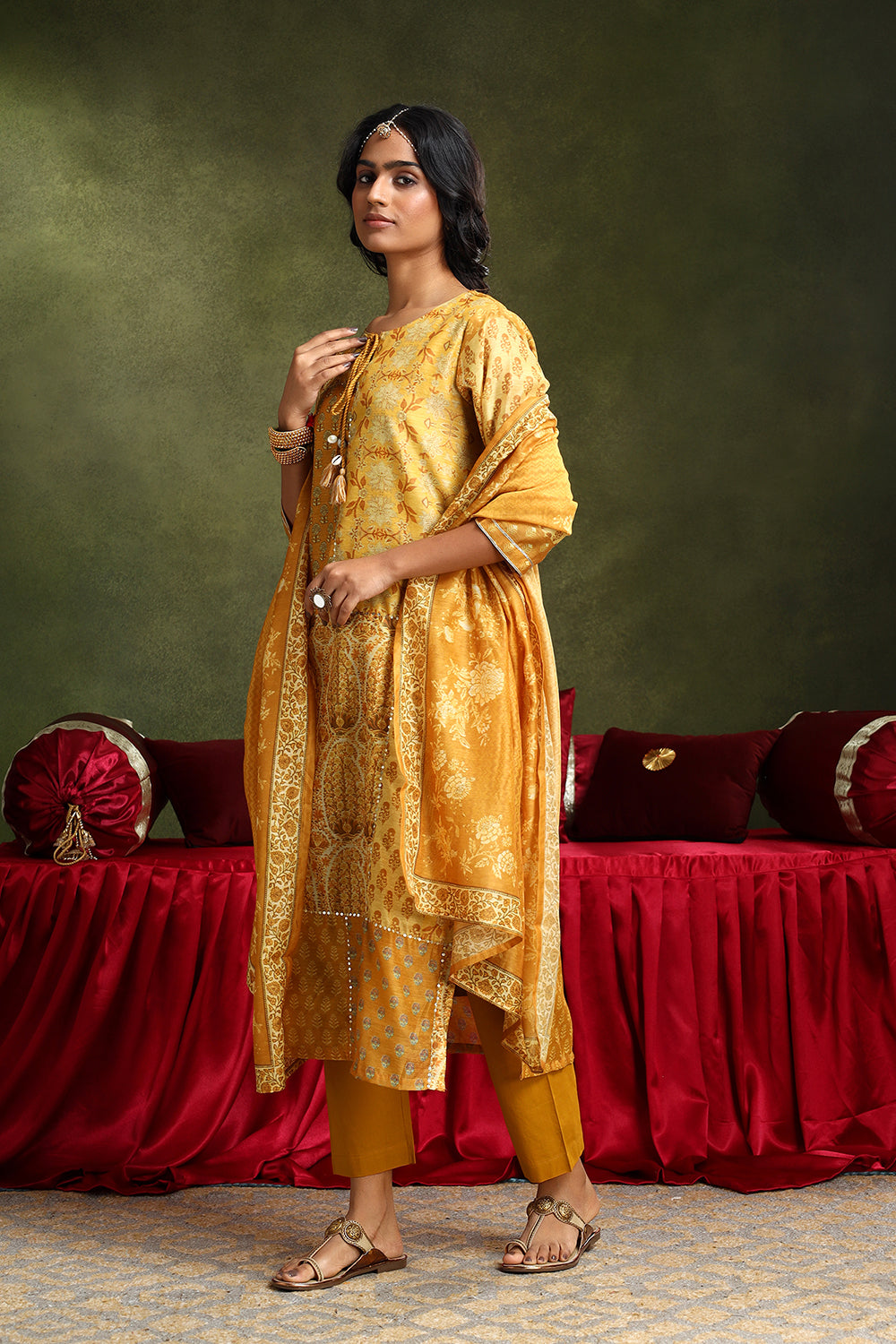 Floral Mustard Yellow Chanderi Suit Set | HER-399
