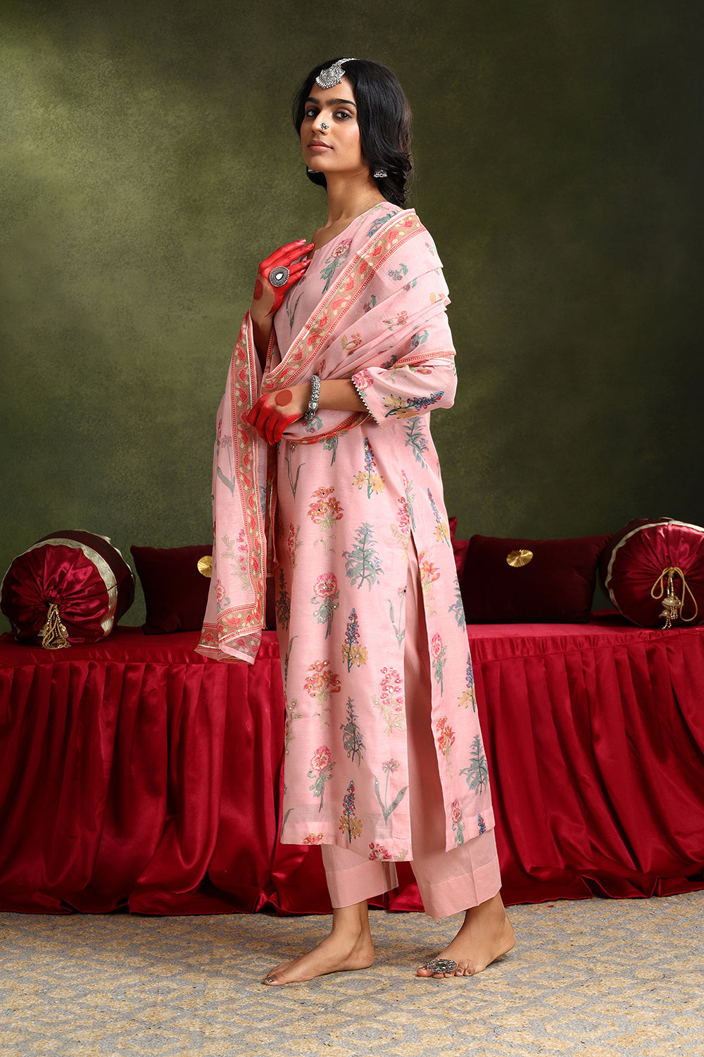 Floral Blush Pink Chanderi Suit Set | HER-420