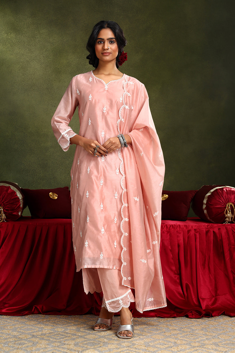 Pastel Pink Hand-Embroidered Chanderi Suit Set | HER-406
