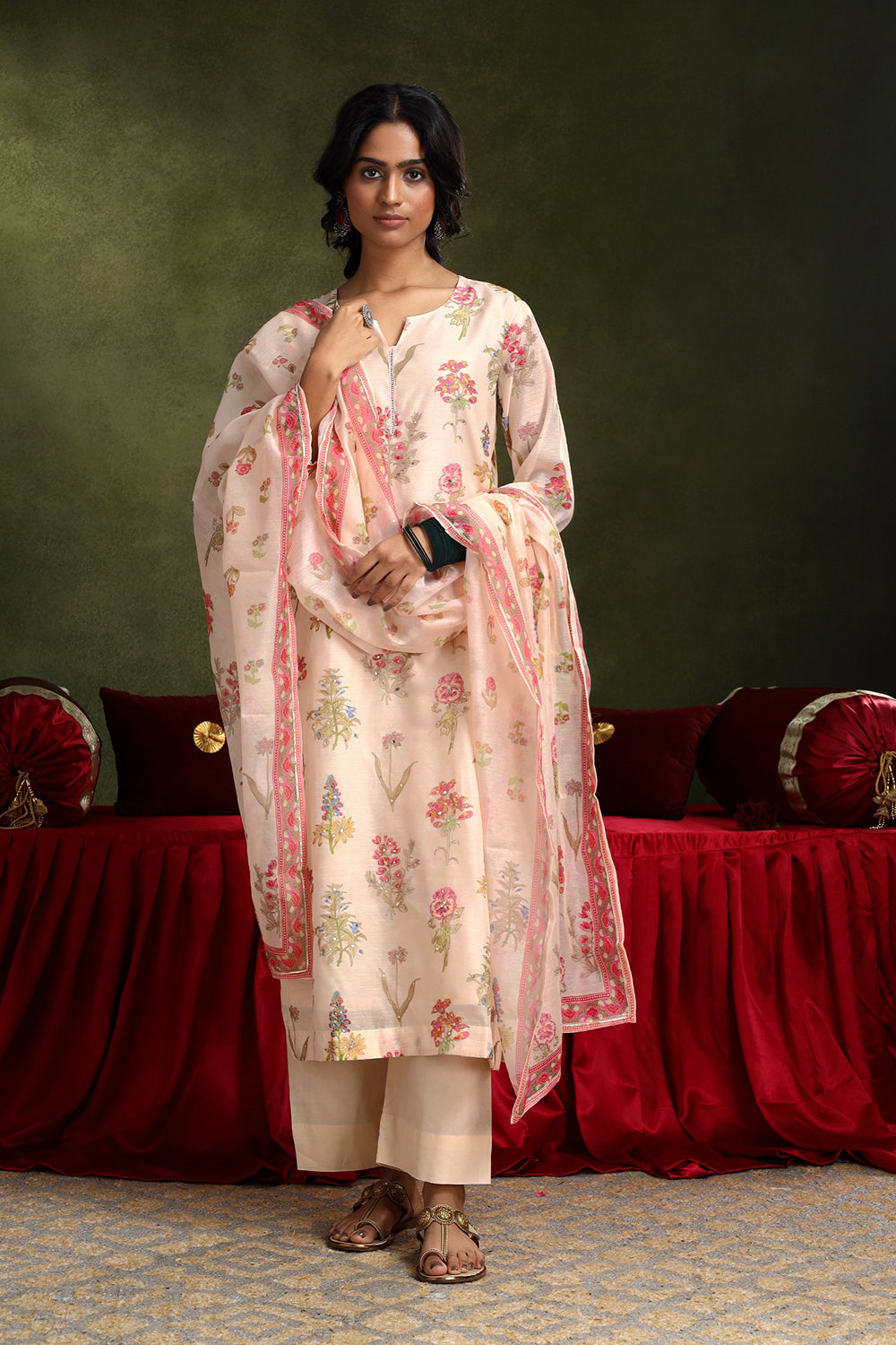 Floral Light Peach Chanderi Suit Set | HER-420