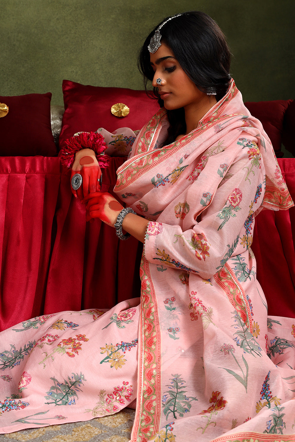 Floral Blush Pink Chanderi Suit Set | HER-420