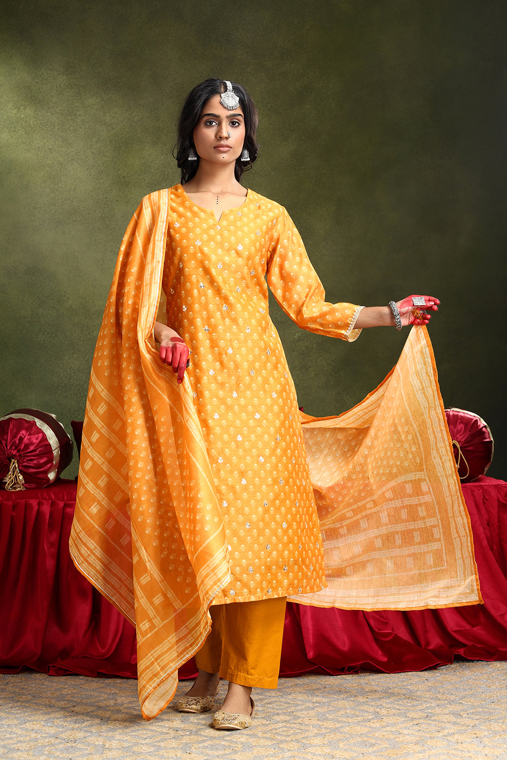 Mustard Chanderi Suit Set (with Pants and Dupatta)