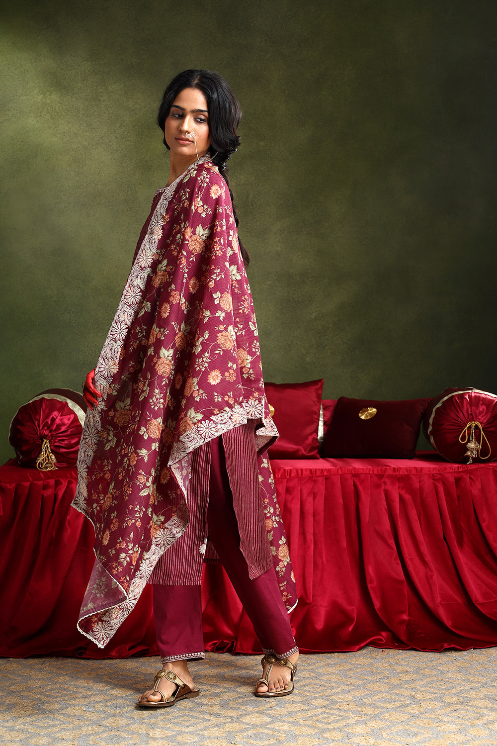 Floral Wine Chanderi Suit Set