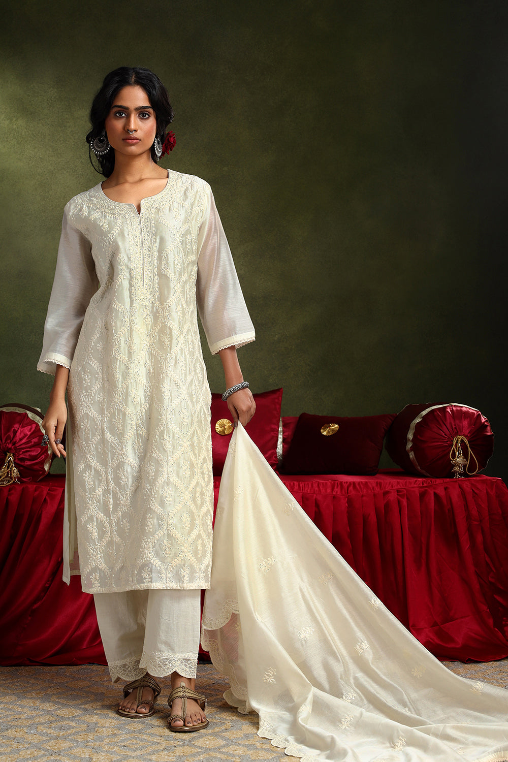 Ziya Off-White Chanderi Suit Set | HER-418