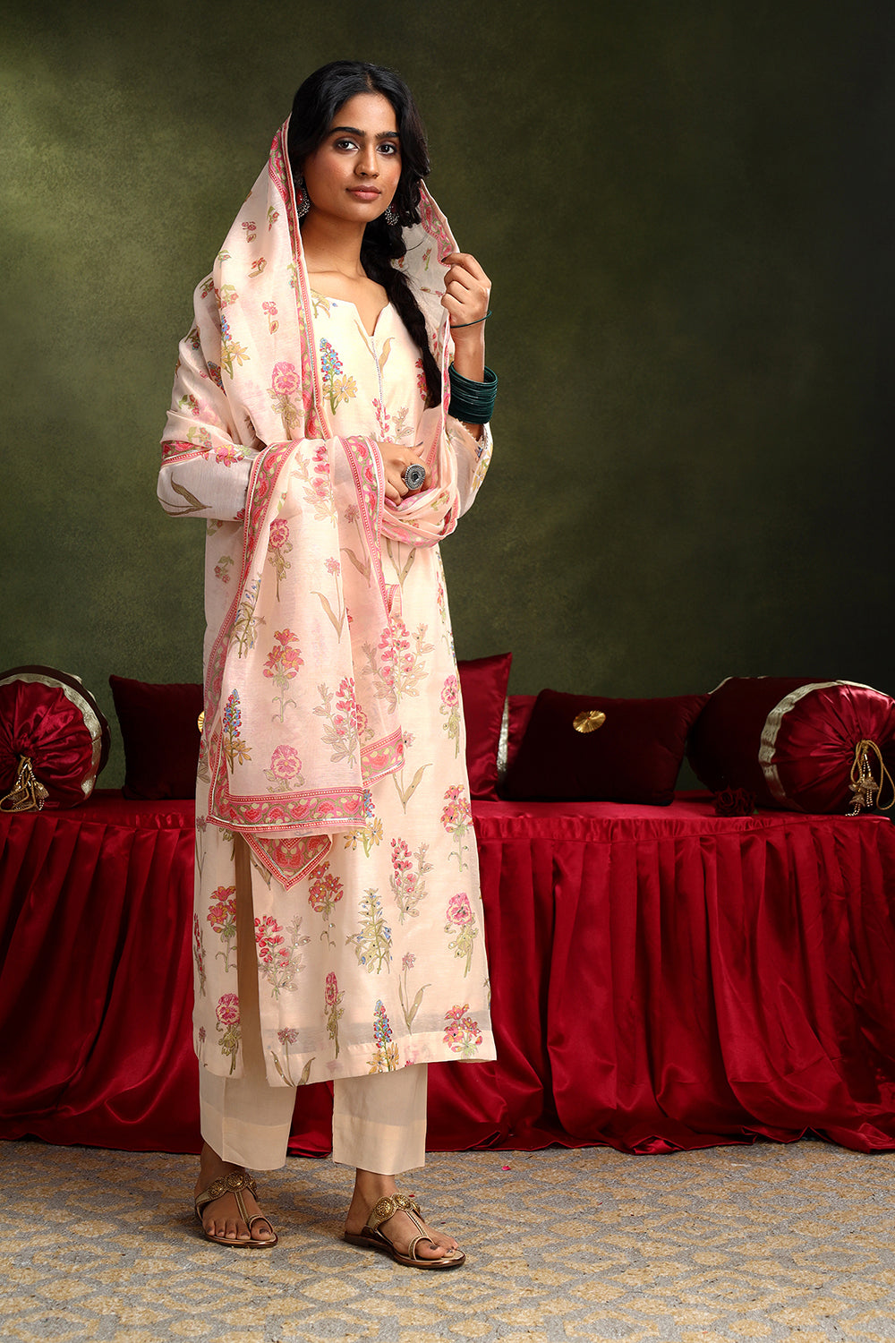 Floral Light Peach Chanderi Suit Set | HER-420