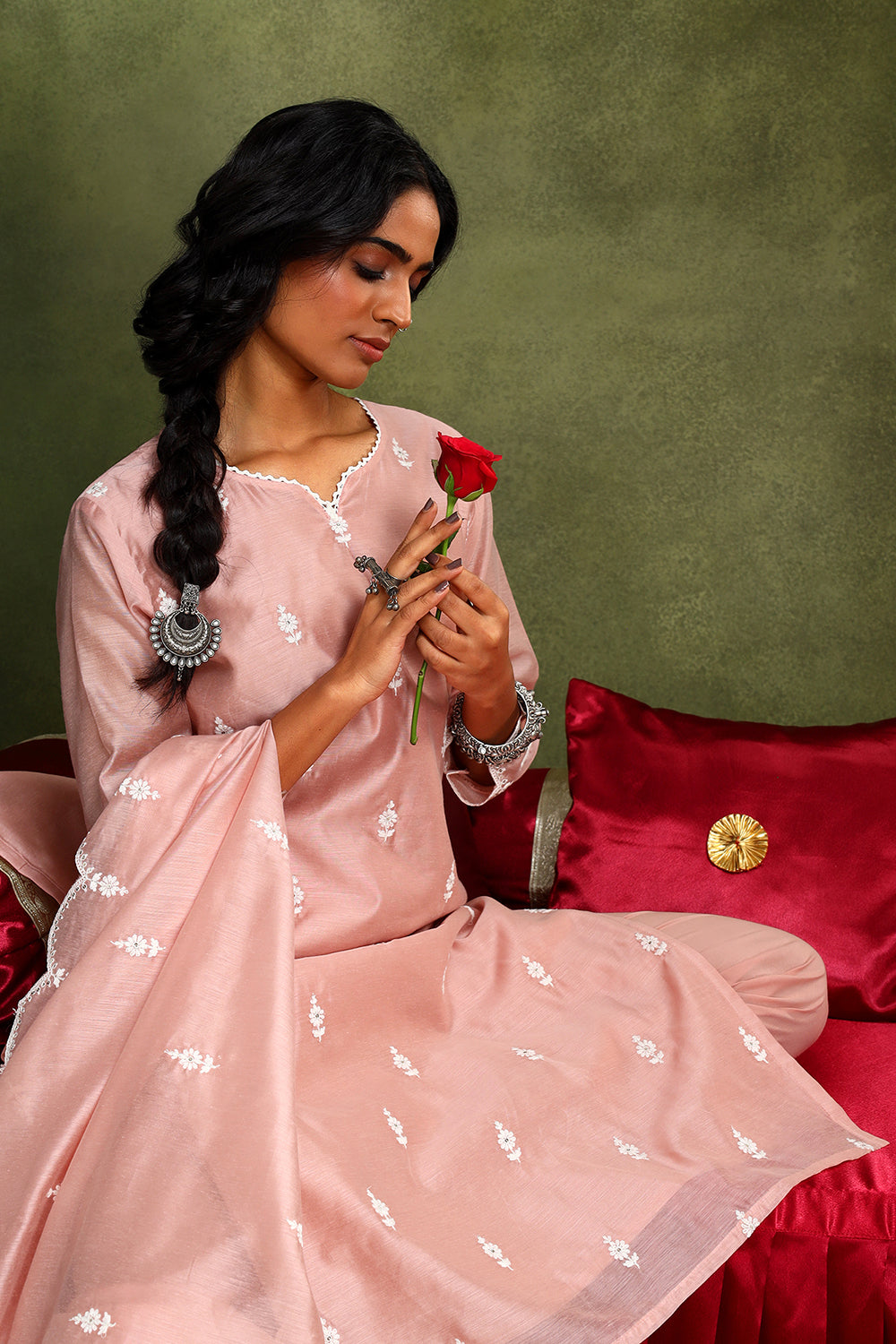 Pastel Pink Hand-Embroidered Chanderi Suit Set | HER-406