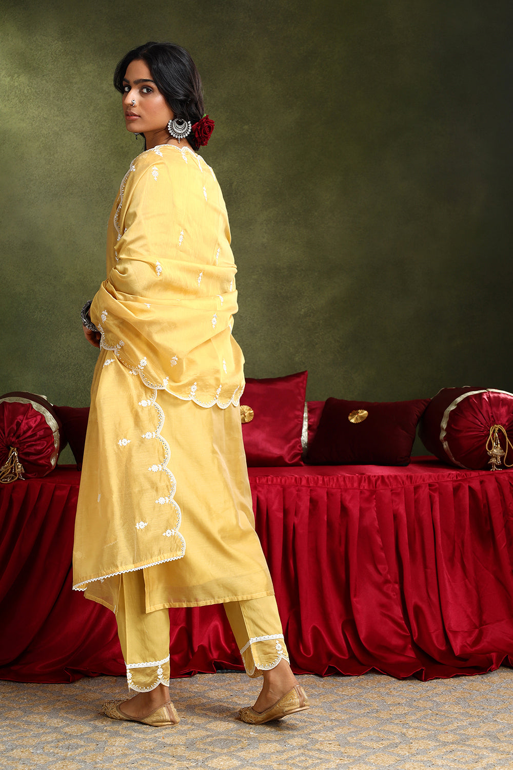 Mustard Yellow Hand-Embroidered Chanderi Suit Set | HER-406