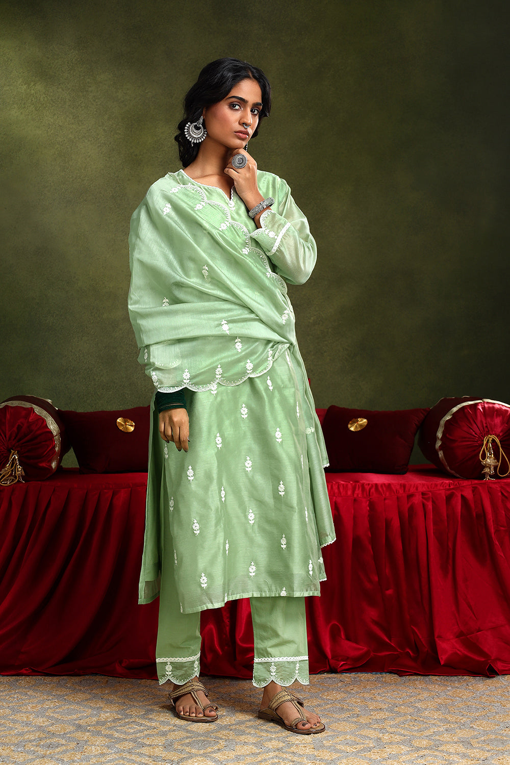 Pastel Green Hand-Embroidered Chanderi Suit Set | HER-406