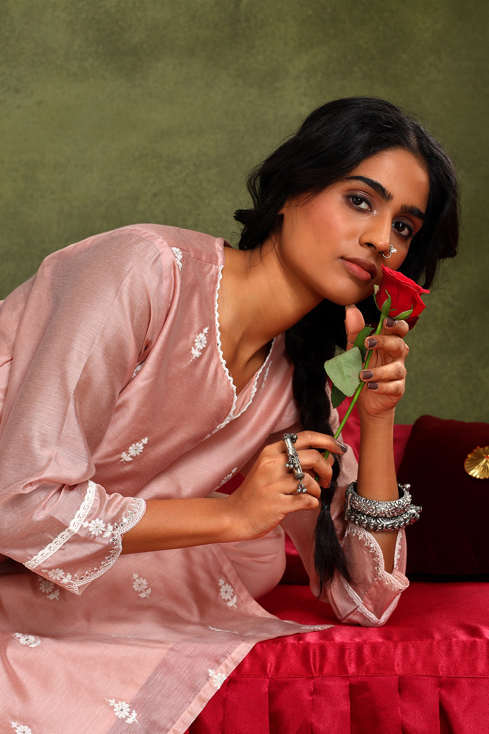 Pastel Pink Hand-Embroidered Chanderi Suit Set | HER-406