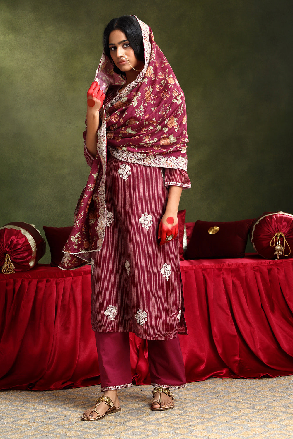 Floral Wine Chanderi Suit Set