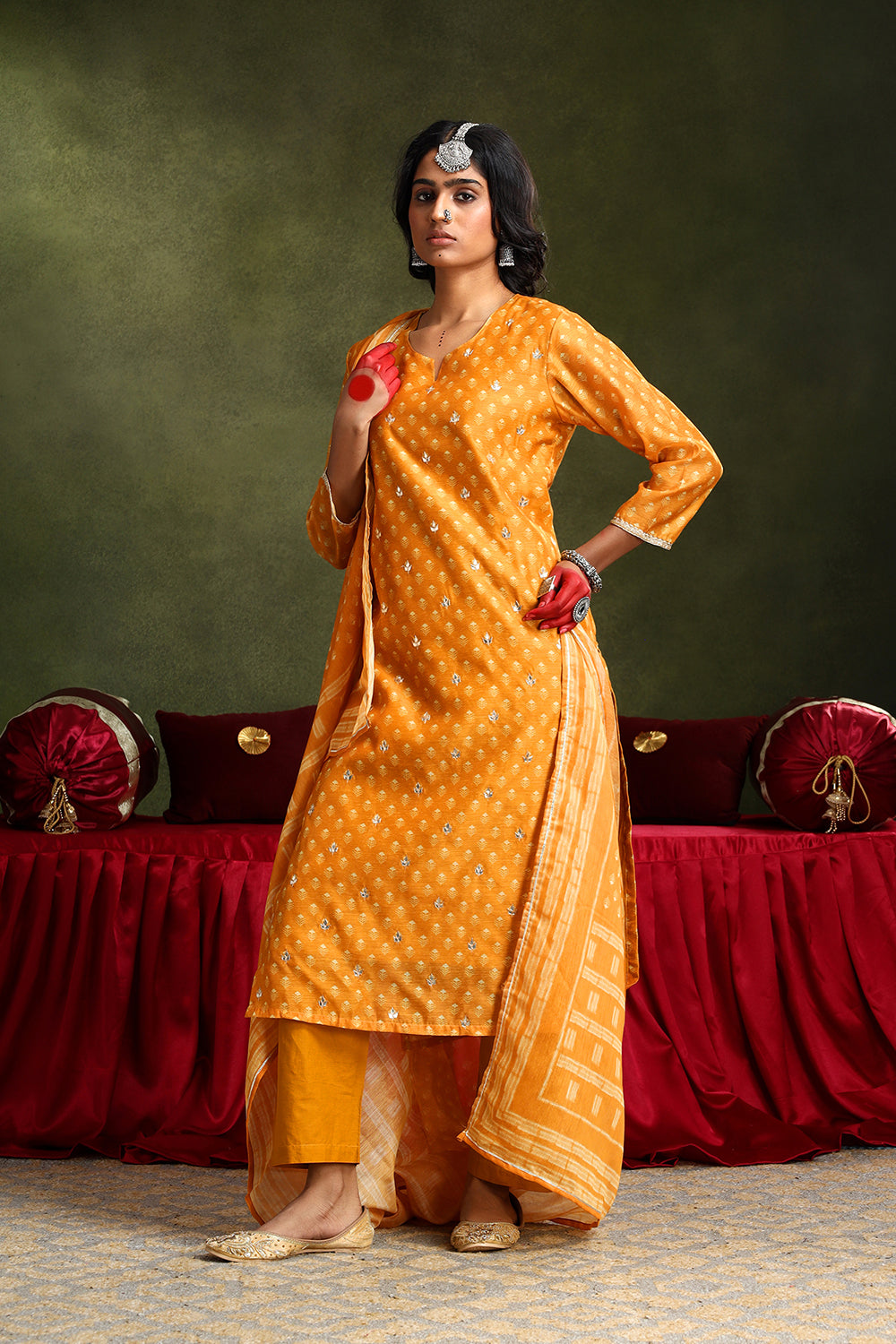 Mustard Chanderi Suit Set (with Pants and Dupatta)