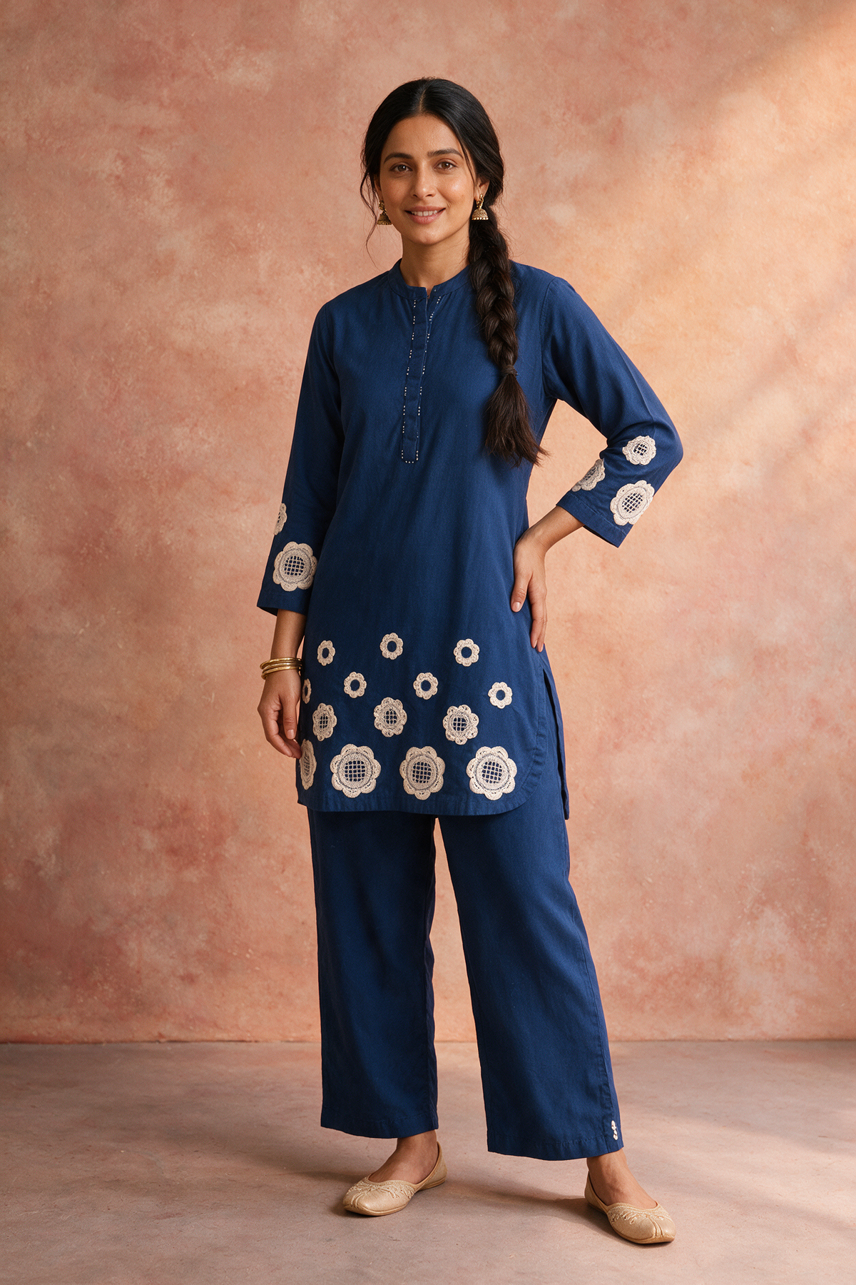 Navy Blue Appliqué Khadi Cotton Kurta/Co-ord Set