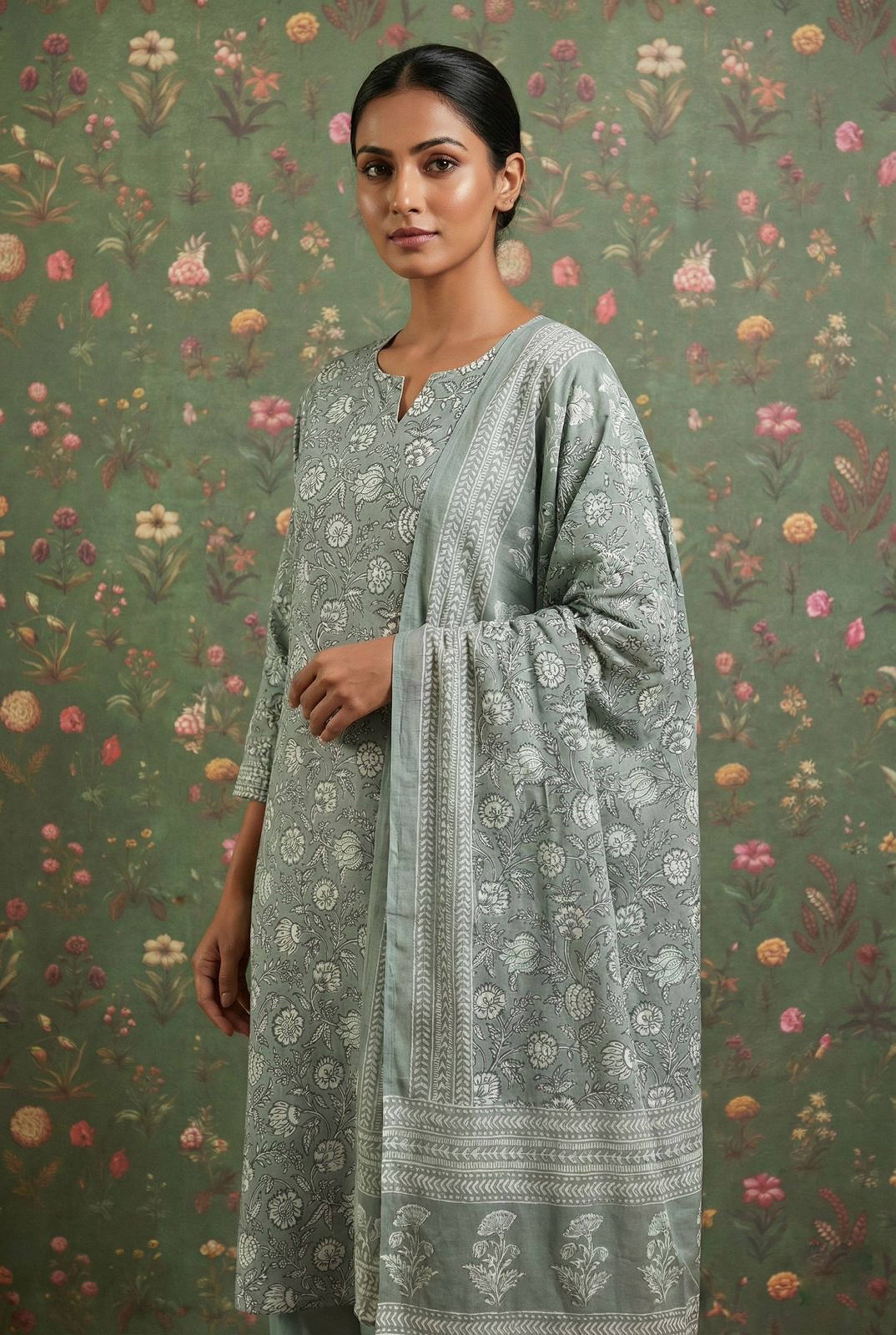 Green Straight Fit Cotton Suit Set (With Pants and Dupatta)