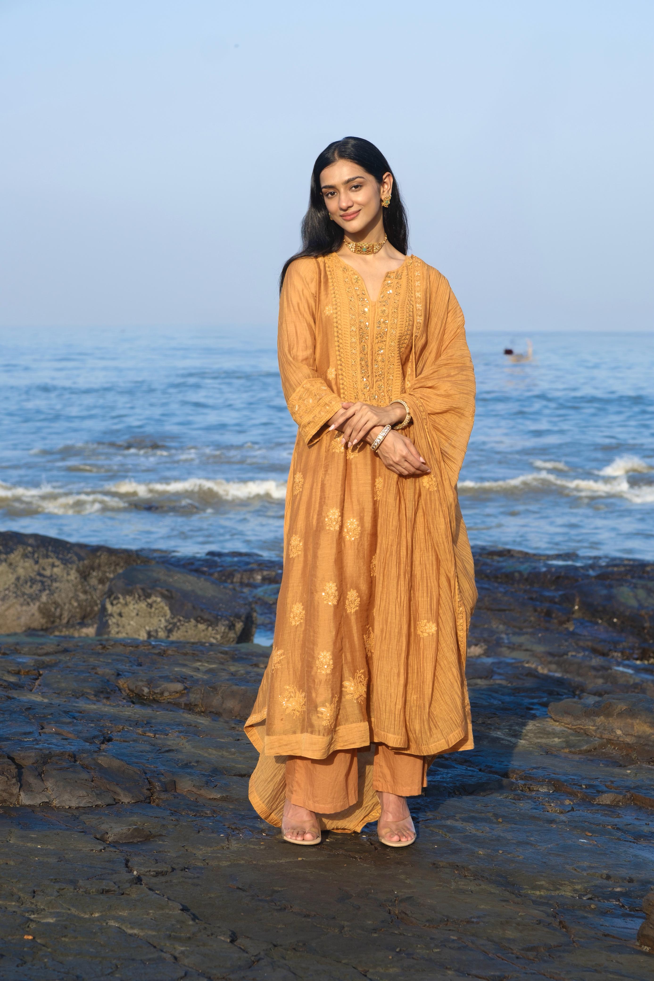 Ochre Yellow Chikankari A-Line Mul Chanderi Suit Set | HER-626