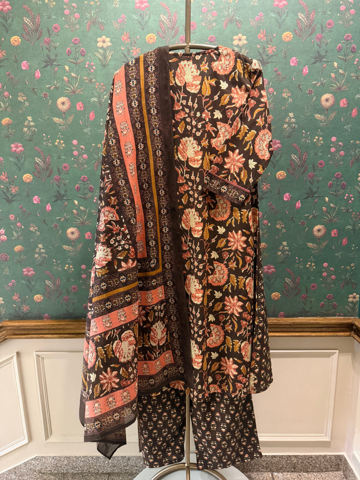Dark Brown Floral Printed A-Line Cotton Suit Set | HER-713