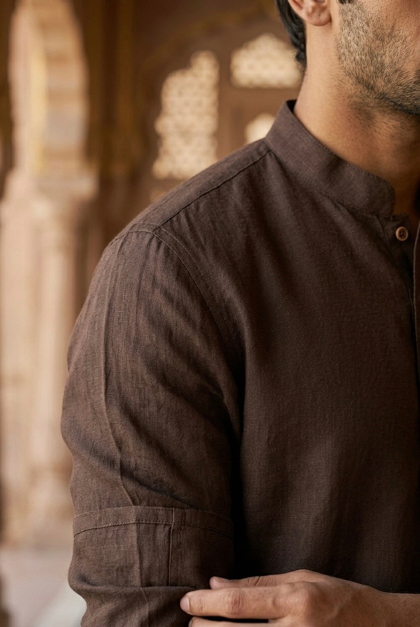 Men’s Pure Linen Kurta Pajama Set - Dark Chocolate Brown
