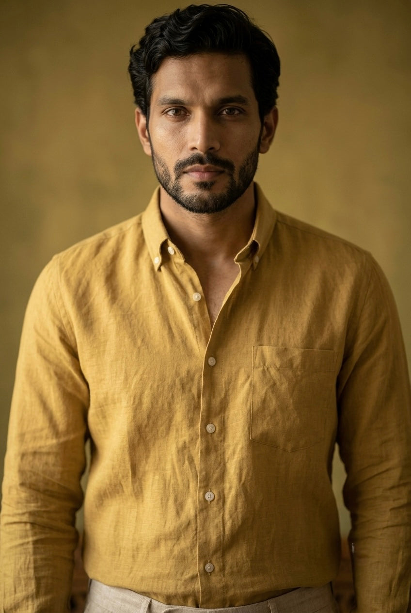 Men’s Mustard Yellow Pure Linen Full Sleeves Shirt