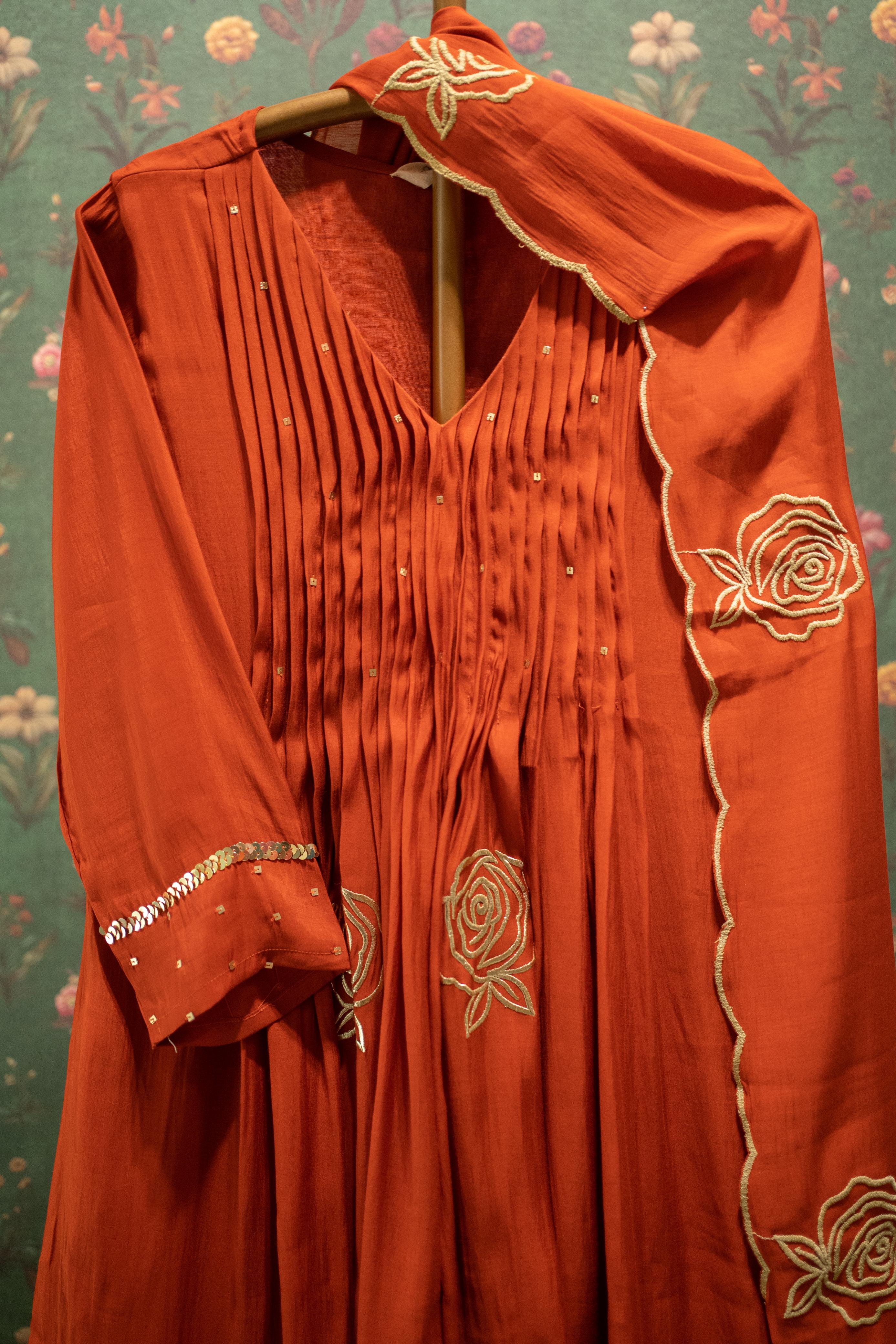 Terracotta Rust Orange, Rose Pintuck Palazzo Set with Scallop Dupatta| HER-587 RUST