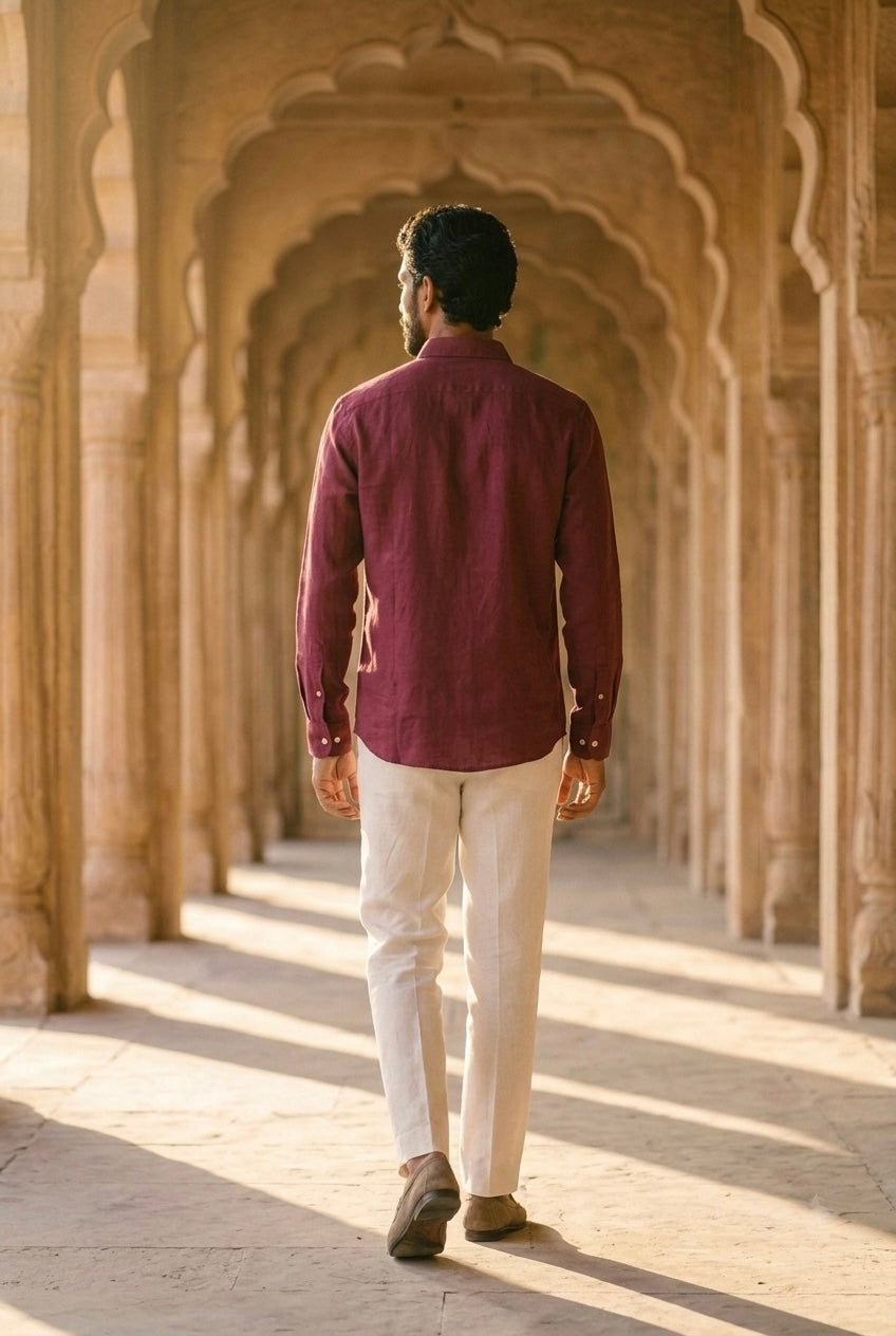 Men’s Wine Pure Linen Full Sleeves Shirt