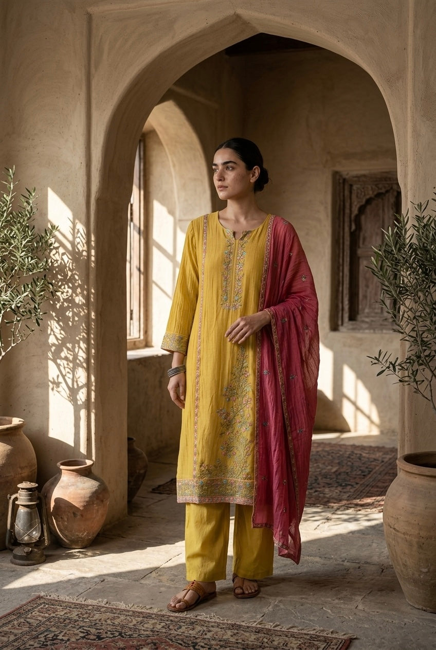 Mustard Yellow Mul-Chanderi Embroidered Suit Set | HER-780