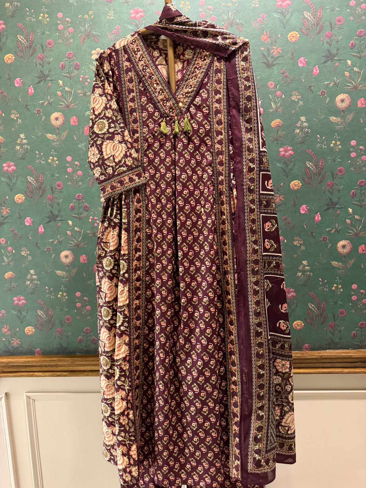 Deep Plum Floral Printed Cotton A-Line Suit Set | HER-714