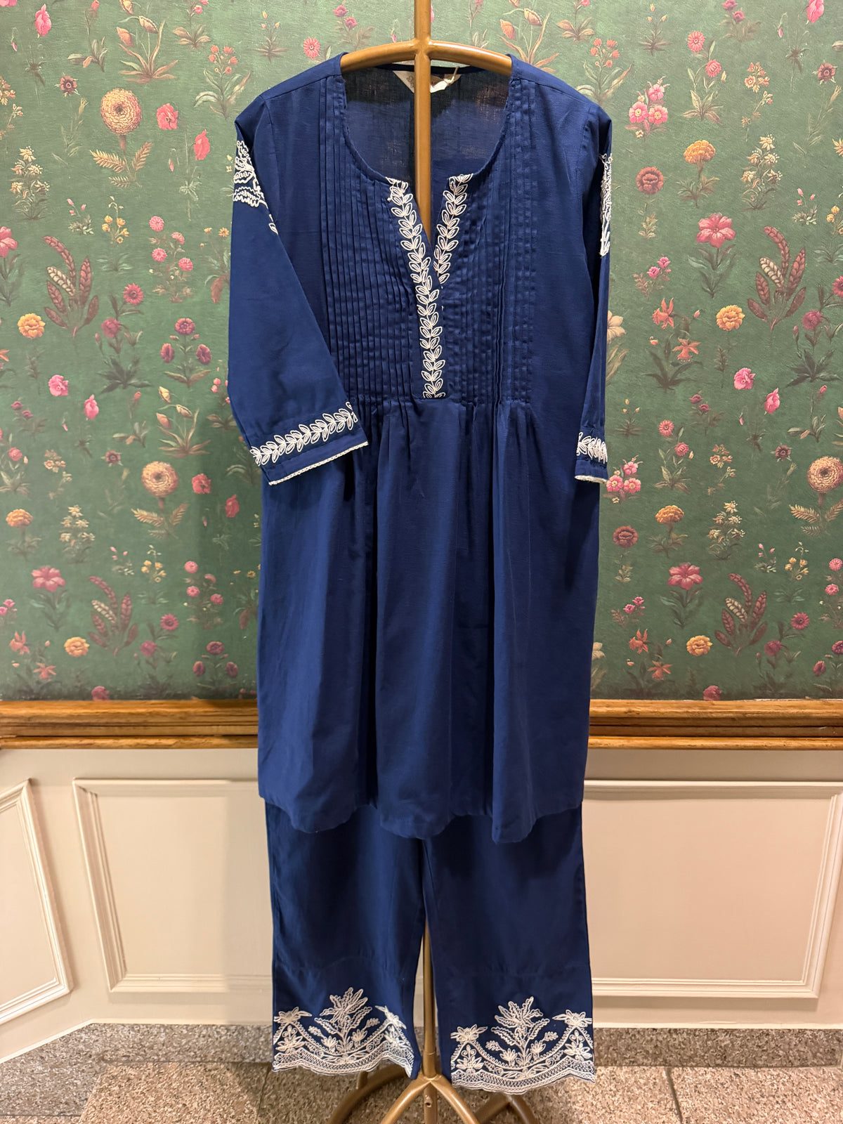 Navy Blue Pleated Embroidered Kurta Set