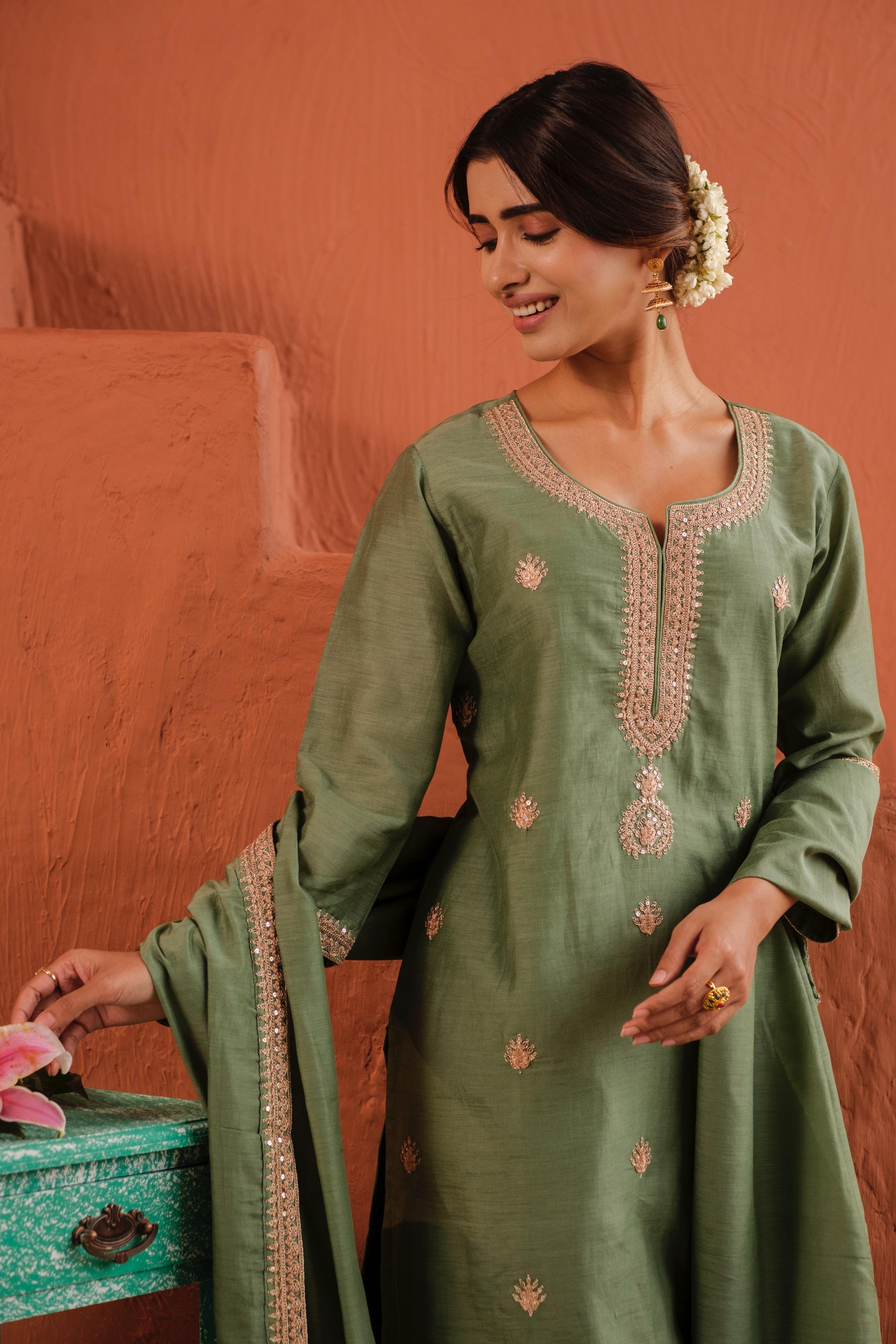 Aafreen Sage Green Mul Chanderi Embroidered Suit Set | HER-543