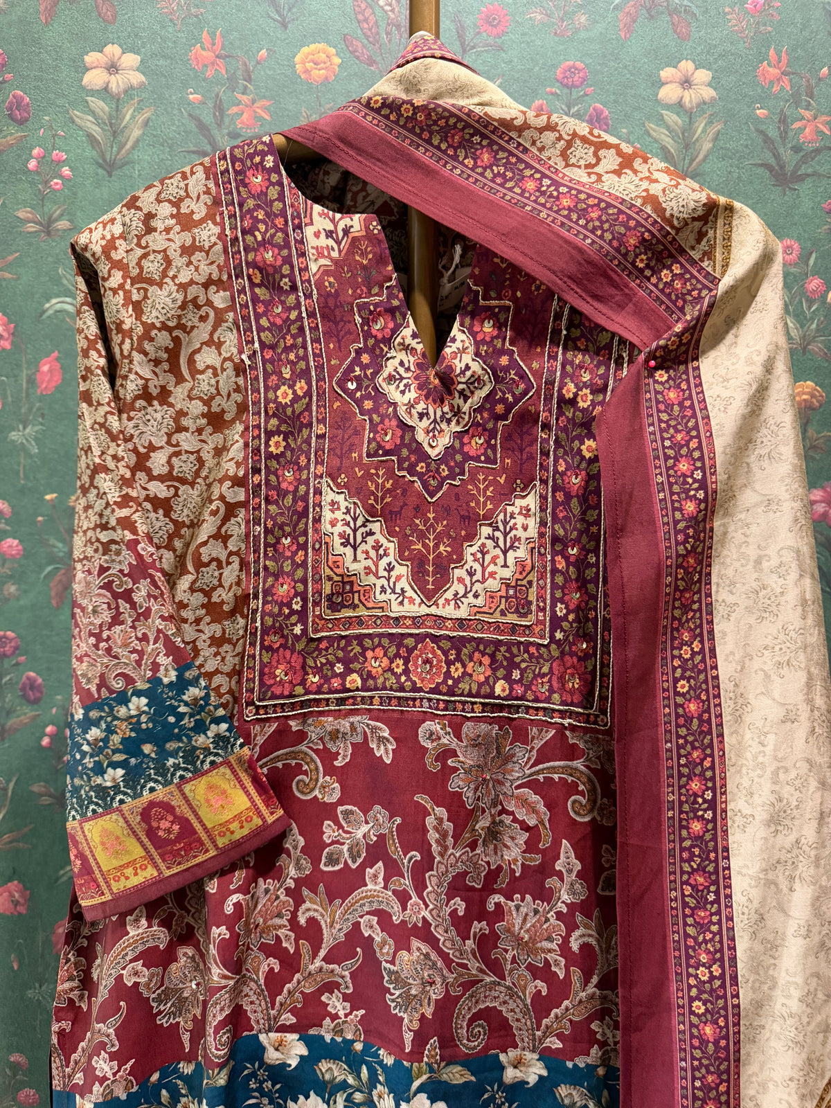 Maroon Printed Soft Silk Suit Set