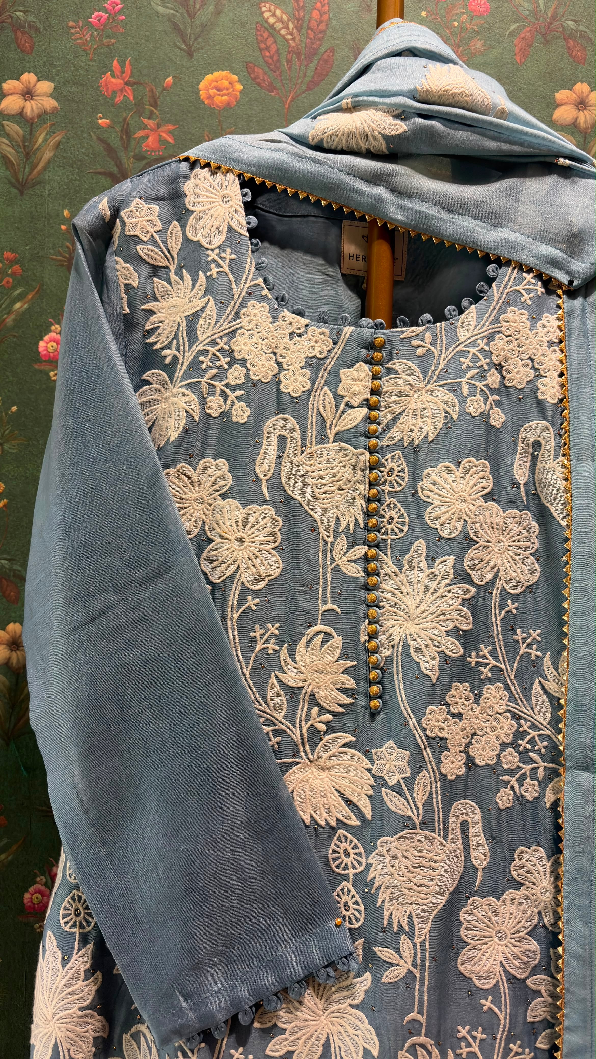 Powder Blue Floral Crane Embroidered Suit Set