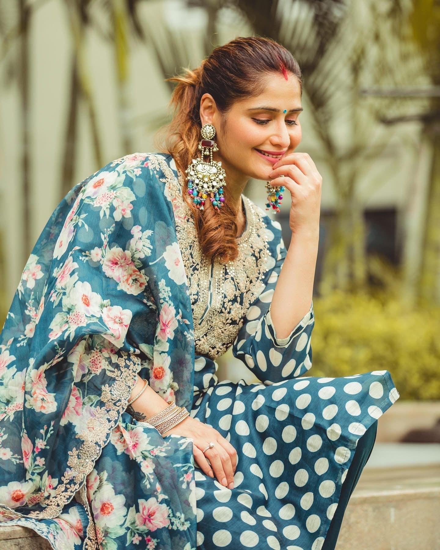 Blue Polka Chanderi Kurta Set | HER-253