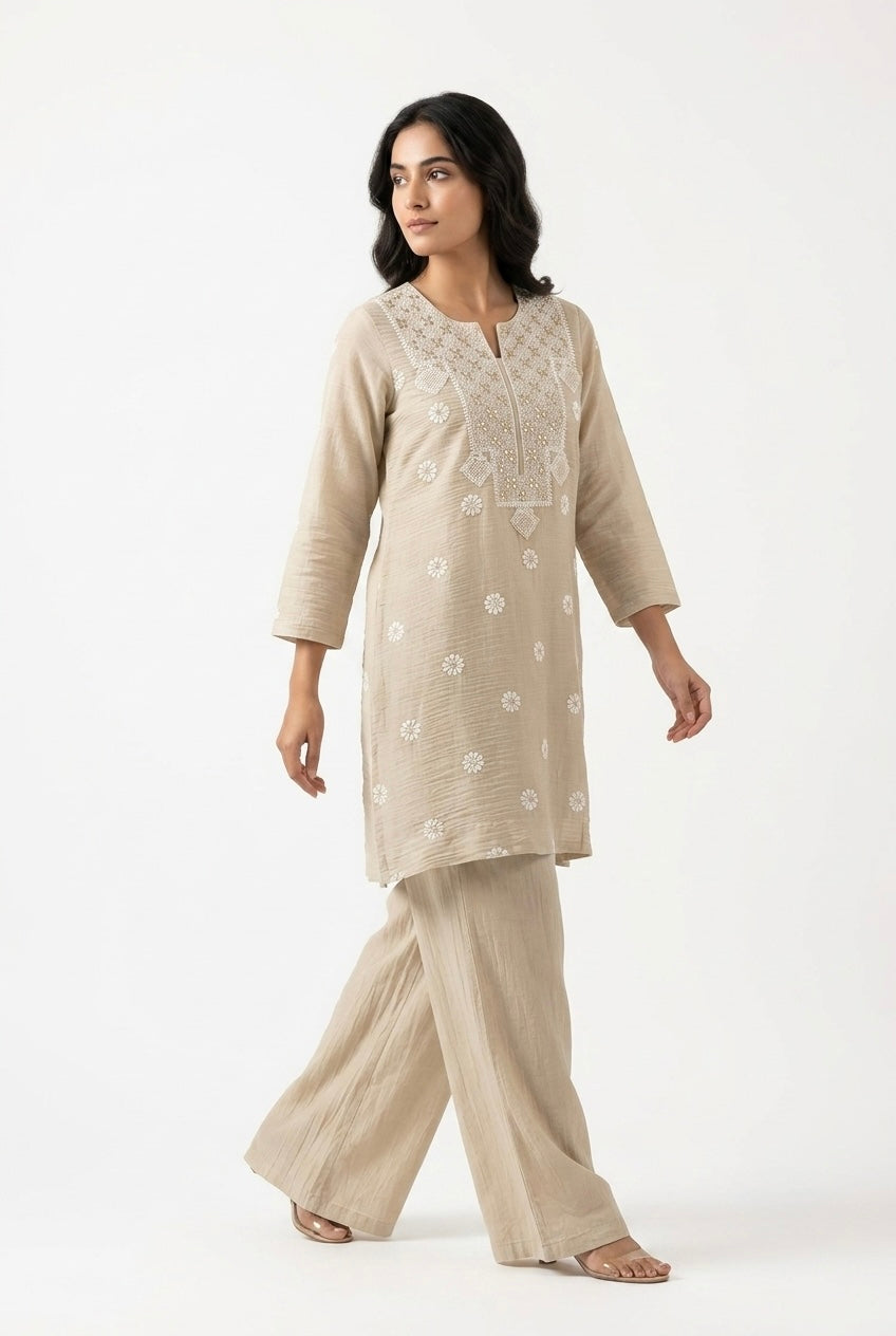 Sand Beige Embroidered Kurta/Co-ord Set | HER-779