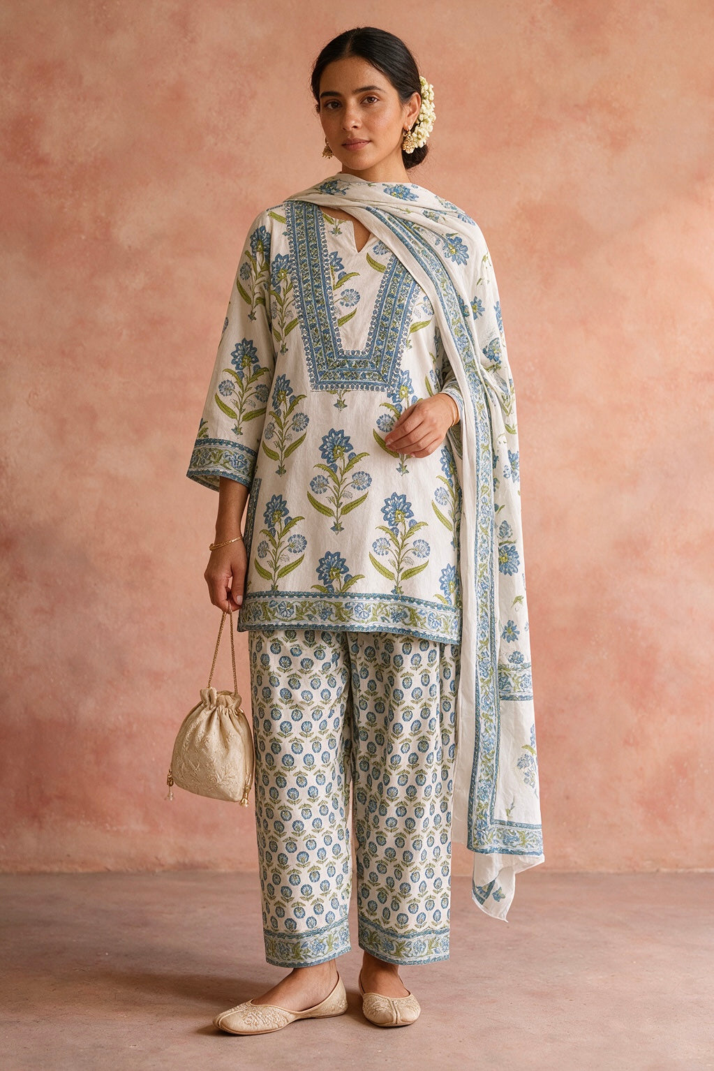 Blue Floral Cotton Printed Farshi Salwar Suit Set