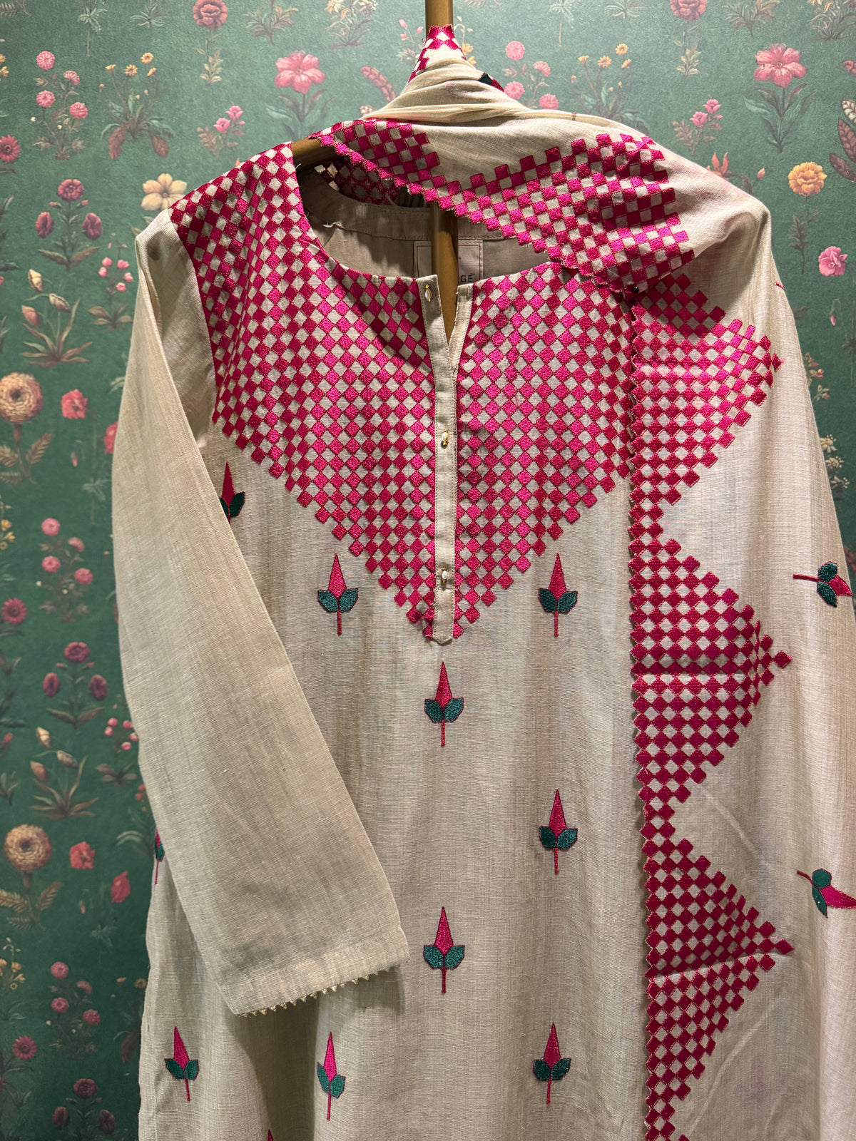 Ivory Beige and Pink Embroidered Pure Chanderi Suit Set