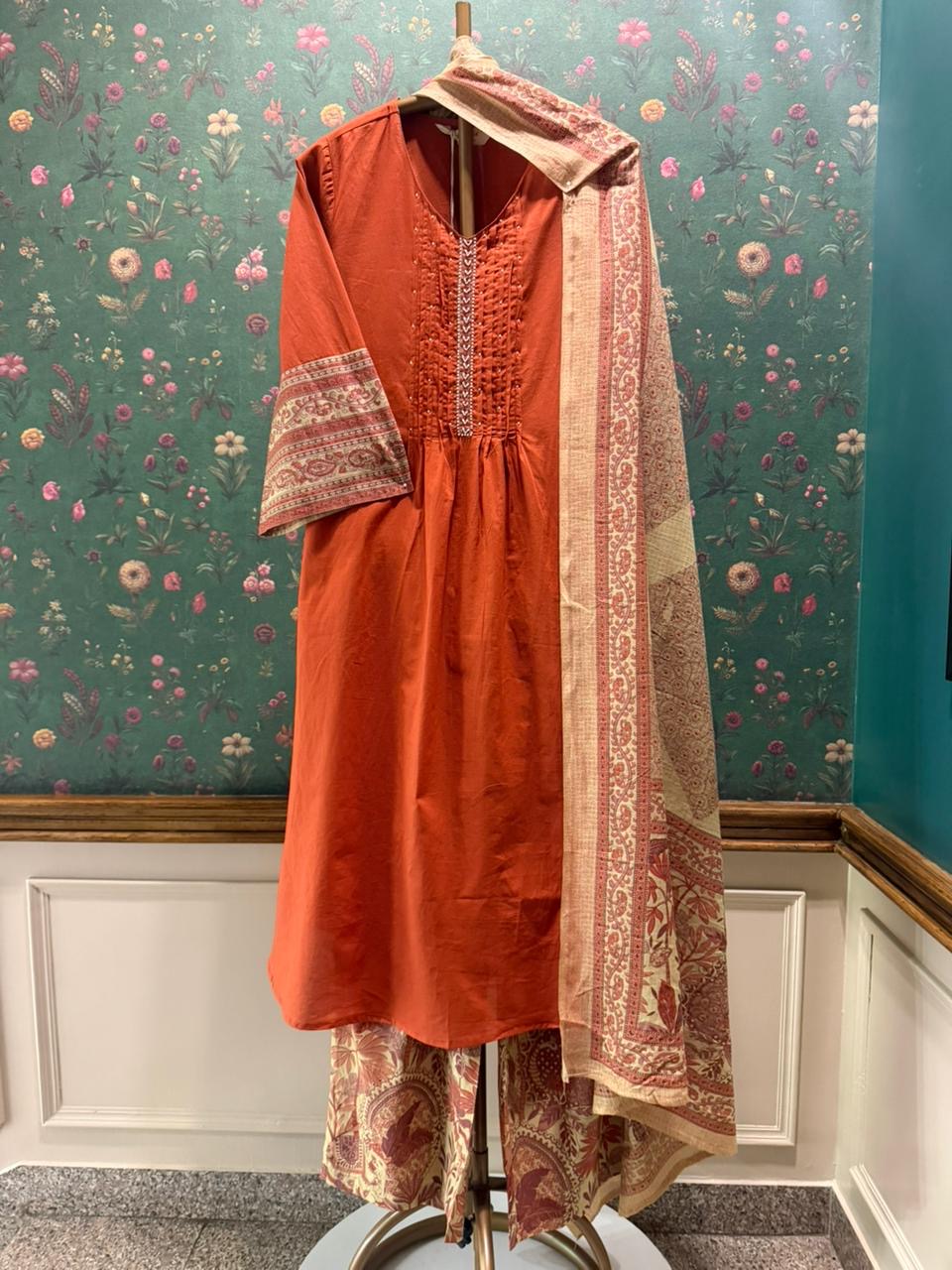 Rust Orange A-Line Cotton Suit Set | HER-693