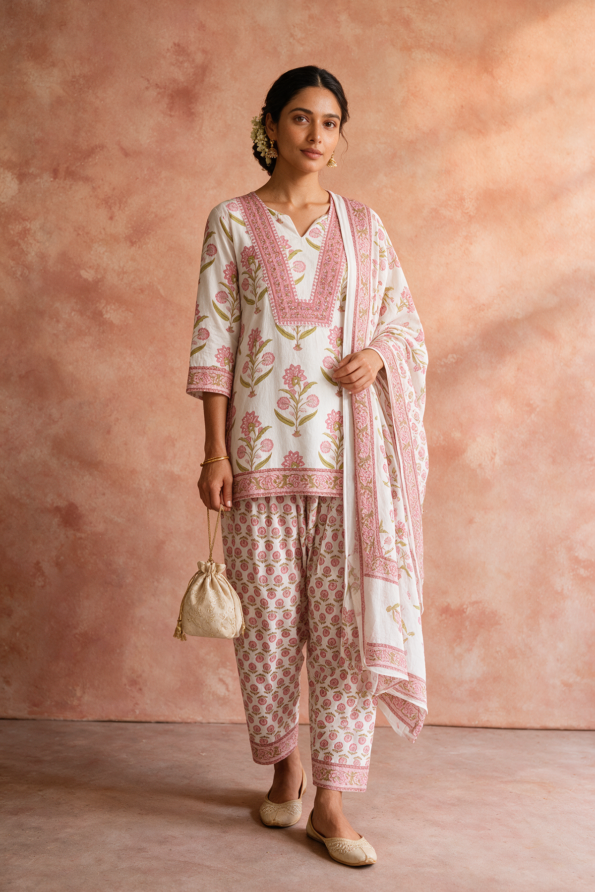 Pink Floral Cotton Printed Farshi Salwar Suit Set