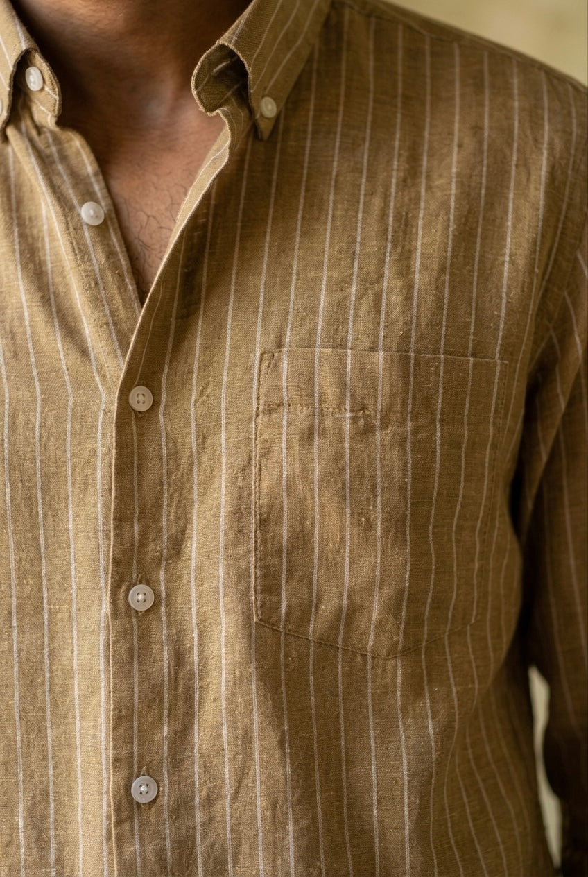 Tan Stripe Men’s Pure Linen Full Sleeves Shirt