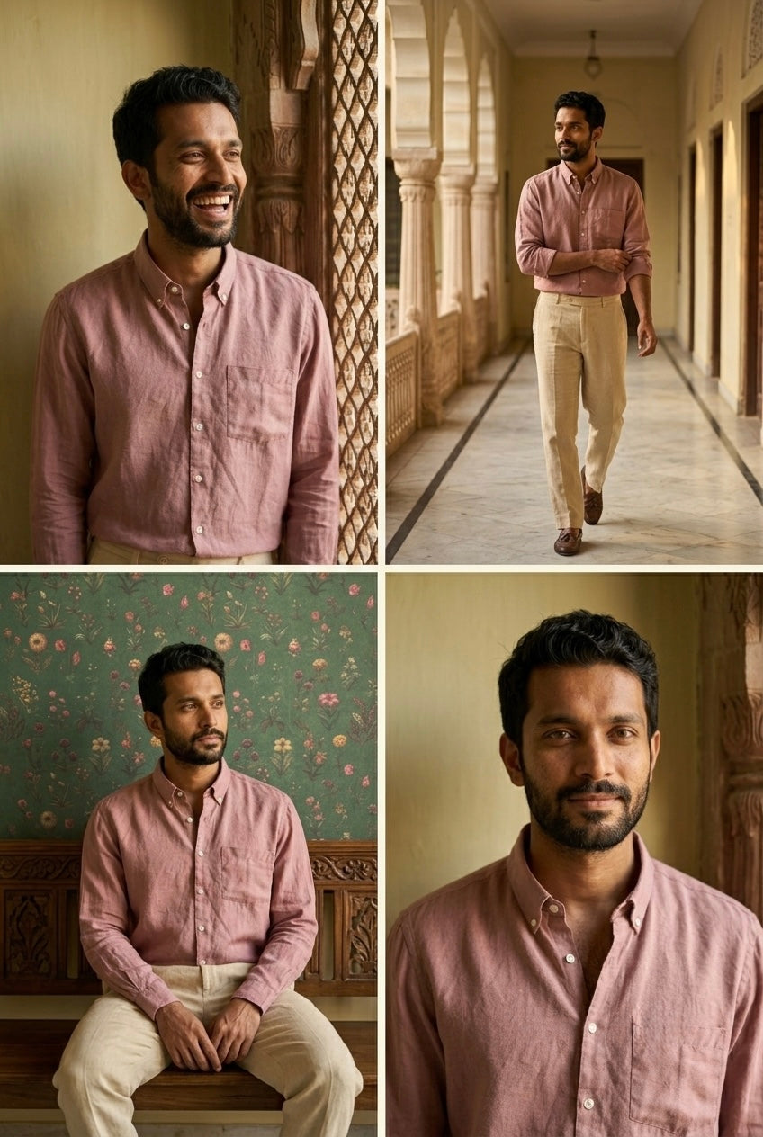 Dusty Rose Pink Men’s Pure Linen Full Sleeves Shirt