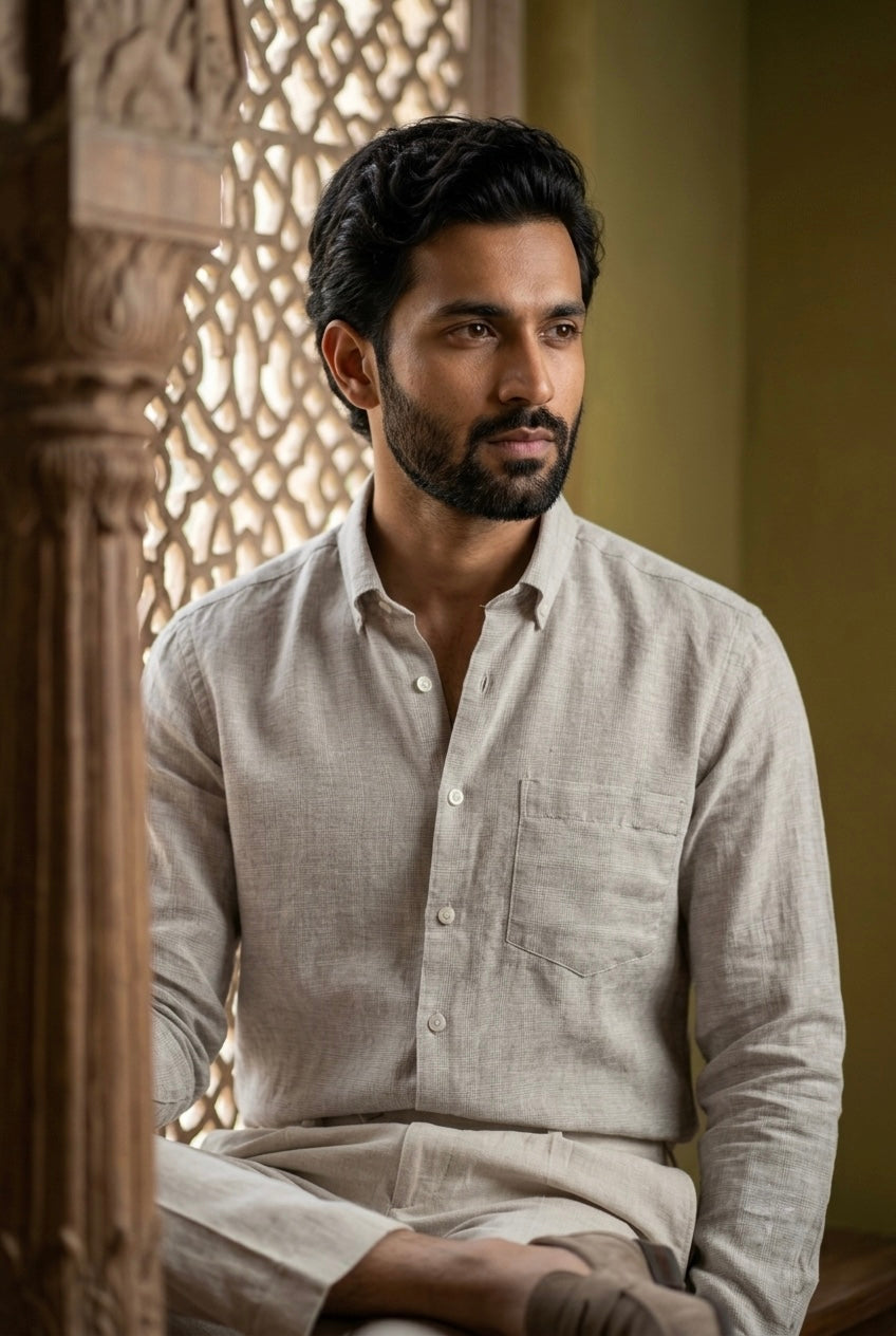 Men’s Pure Linen Full Sleeves Shirt – Natural Beige Fine Textured Print