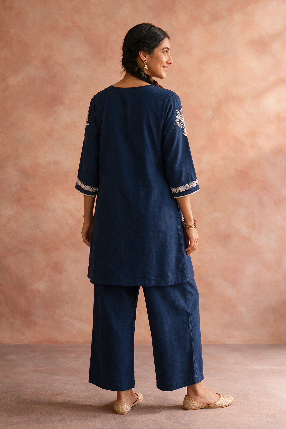 Navy Blue Pleated Embroidered Kurta Set