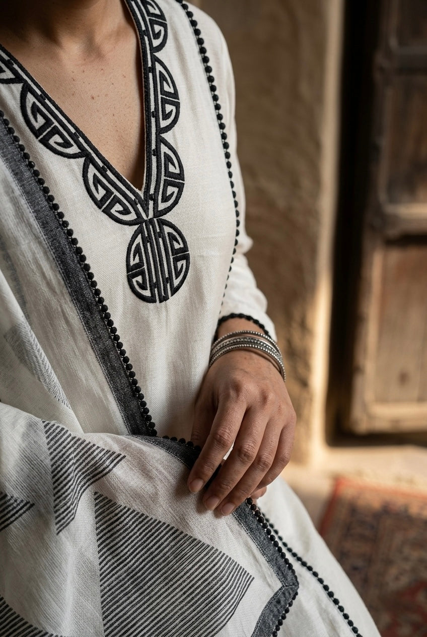 Ivory & Black Pure Linen A-line Suit Set | HER-823