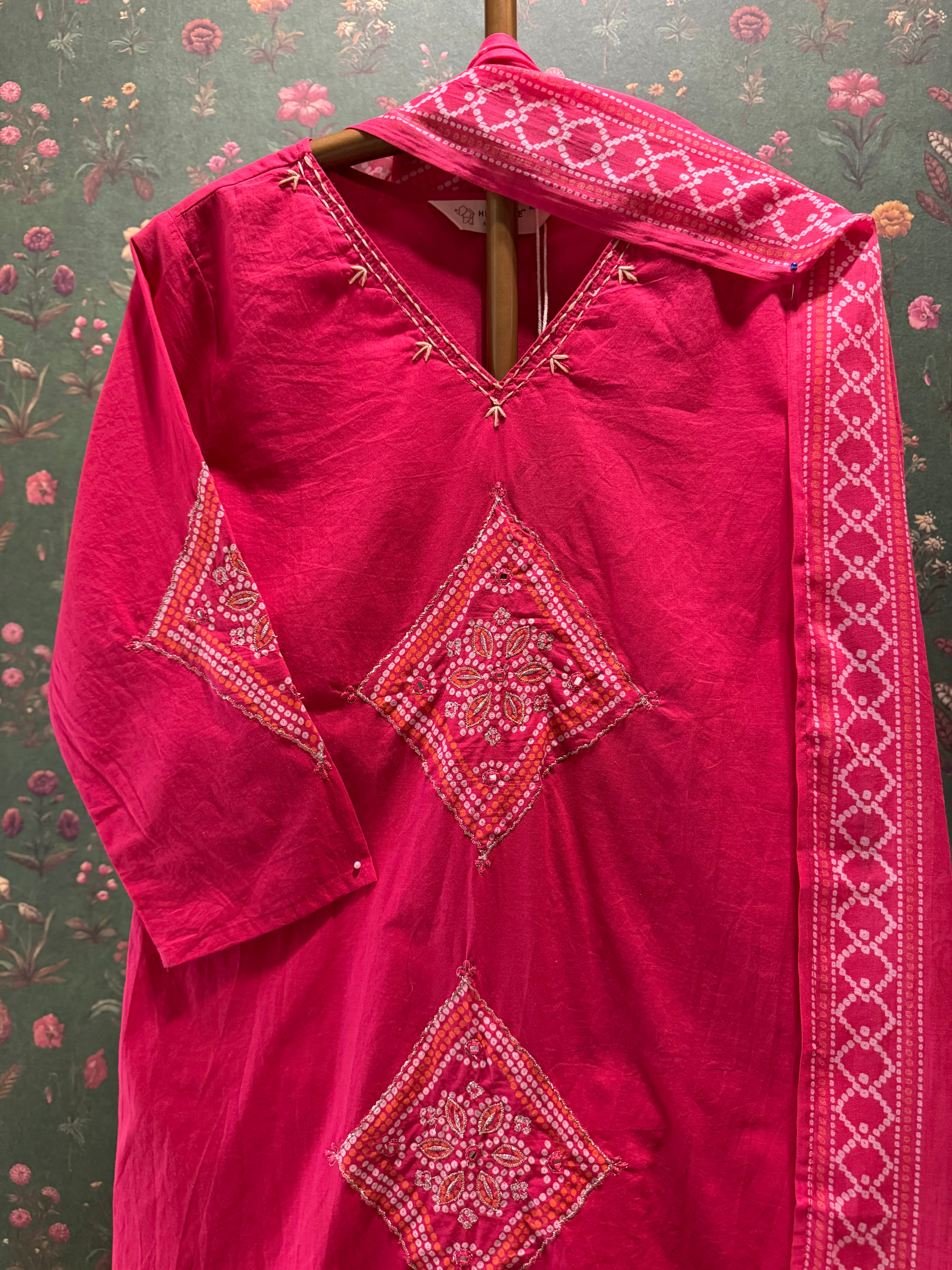 Fuchsia Pink Embroidered Cotton Suit Set | HER-718