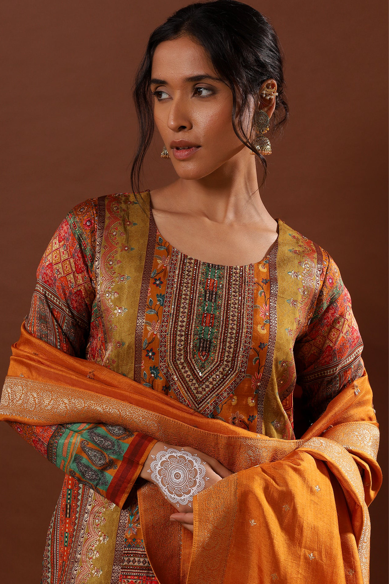 Ochre/Mustard Yellow Dola Jacquard Suit Set | HER-482