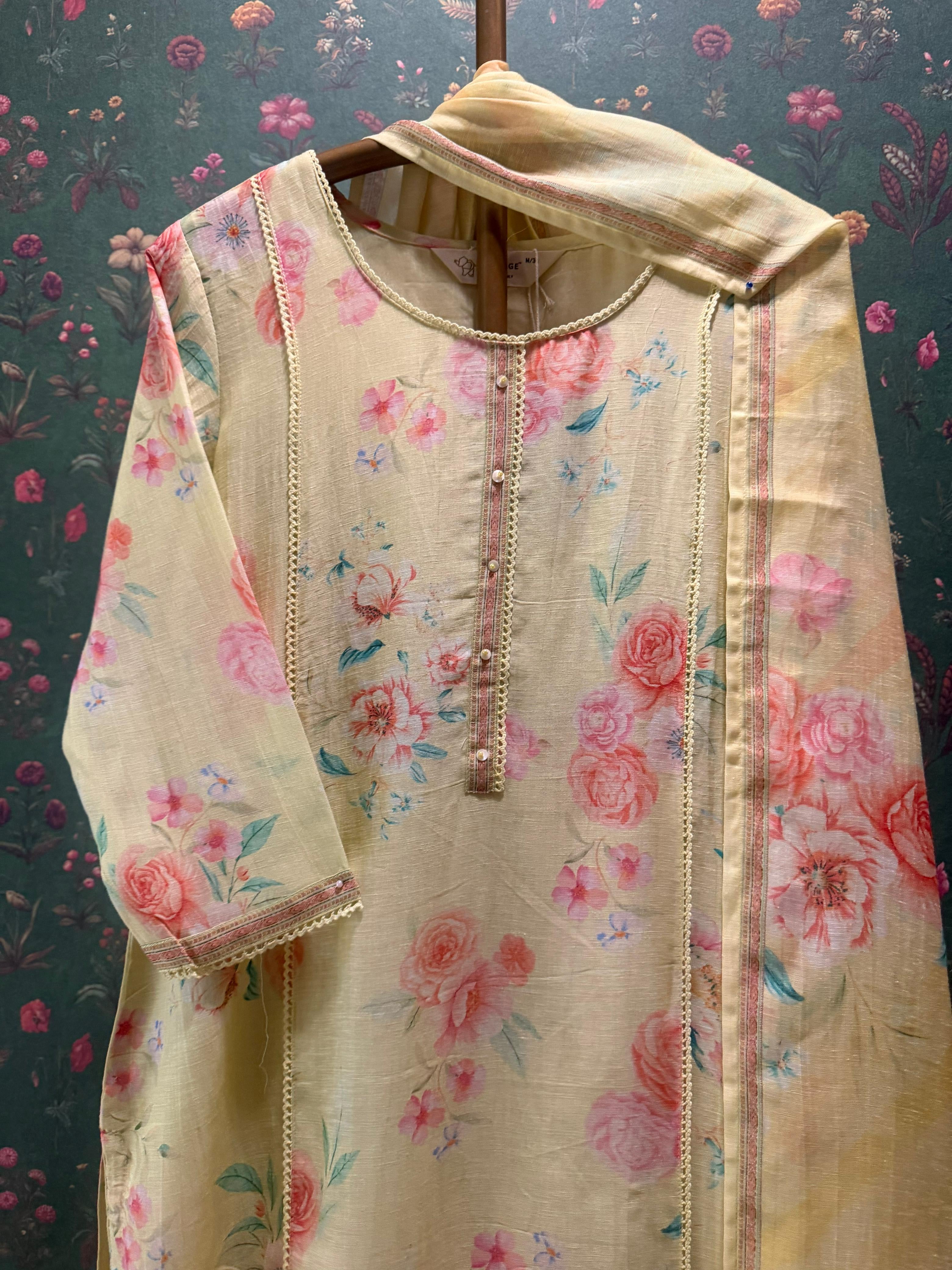 Pastel Yellow Floral Printed Cotton Linen Suit Set | HER-773