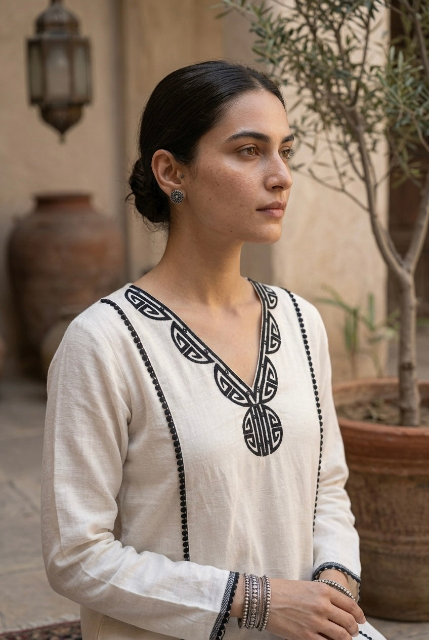 Ivory & Black Pure Linen A-line Suit Set | HER-823