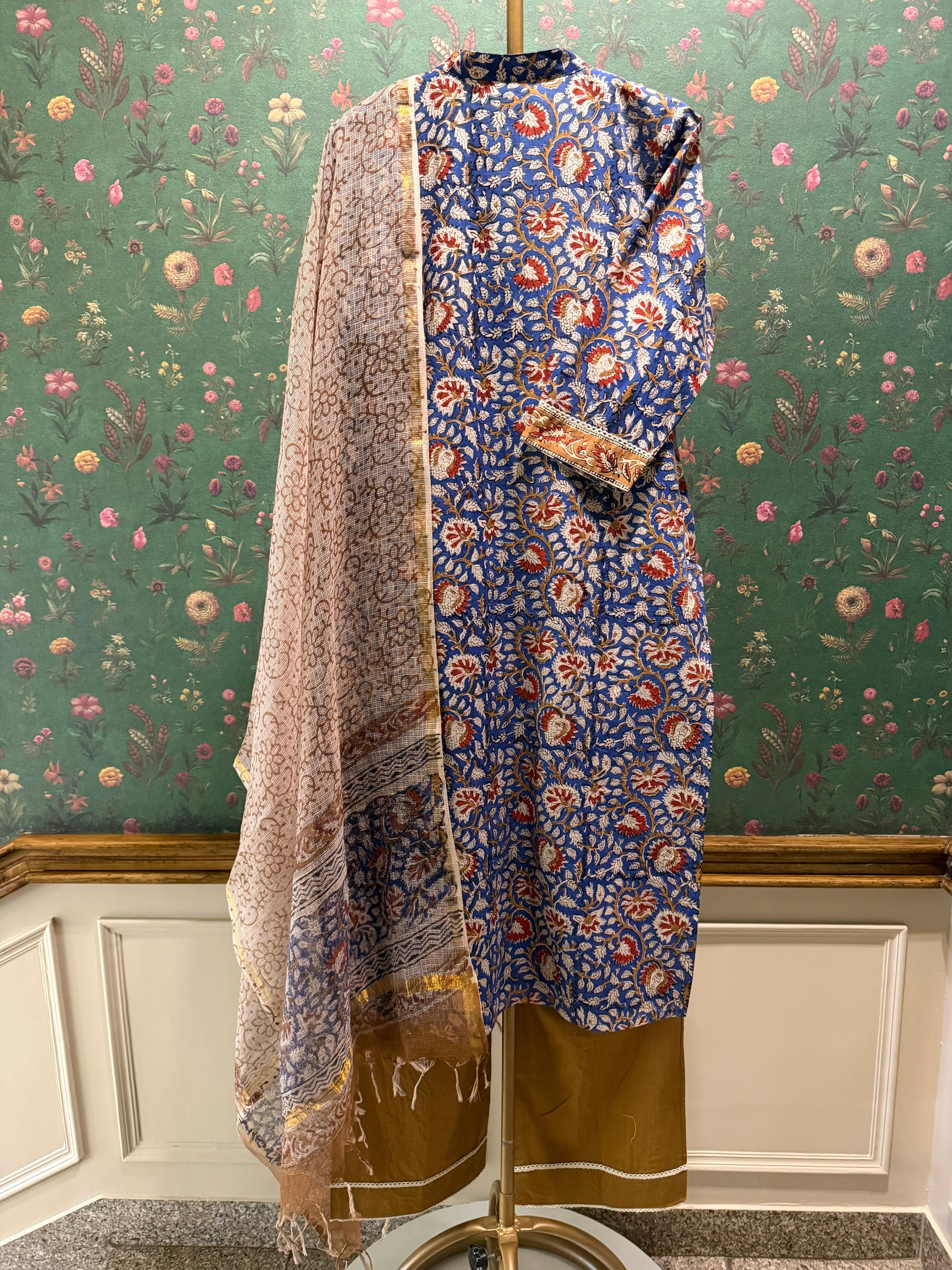 Royal Blue Floral Printed Cotton Suit Set, with Kota Doria Dupatta | HER-751