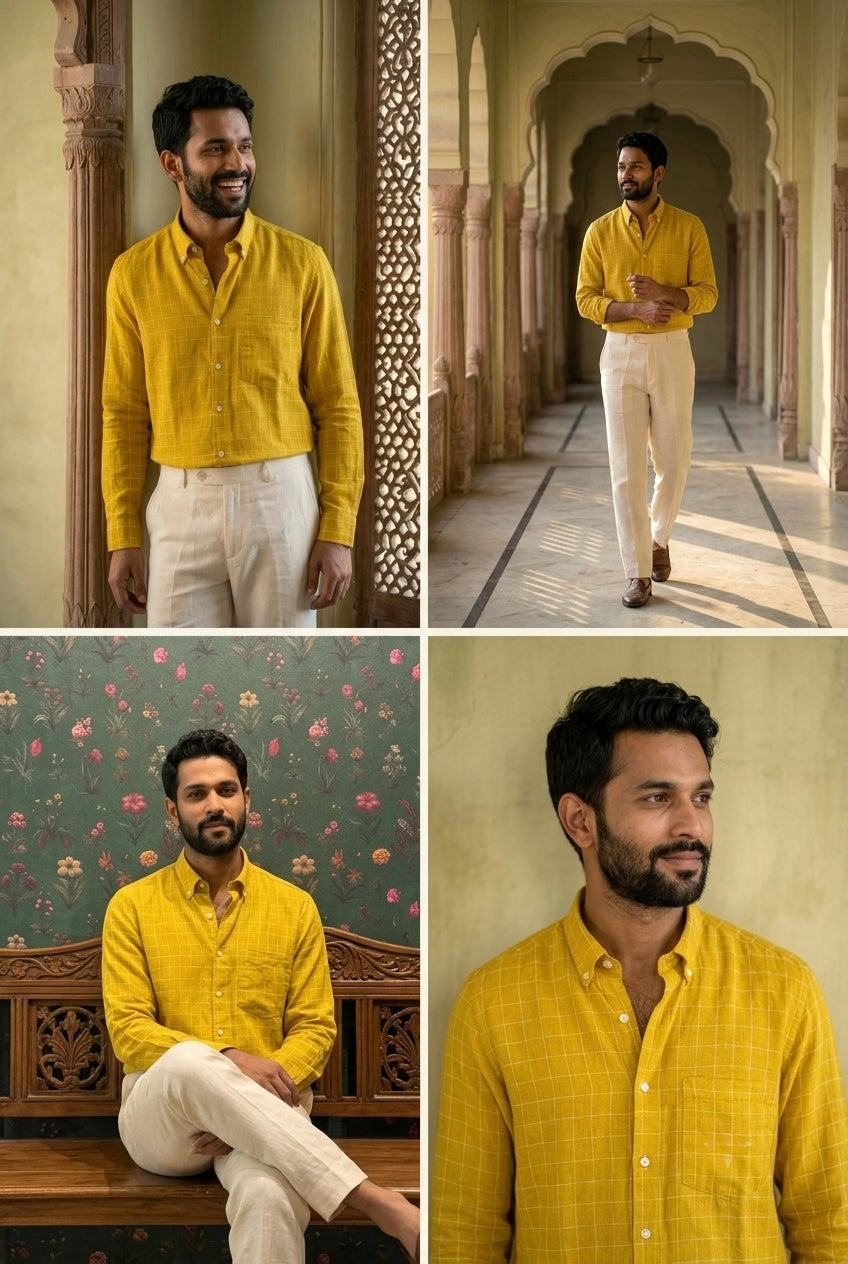 Mustard Yellow Check Men’s Pure Linen Full Sleeves Shirt