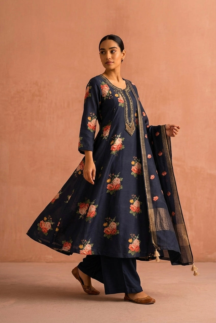Twilight Black Floral Chanderi A-Line Suit Set x Celina
