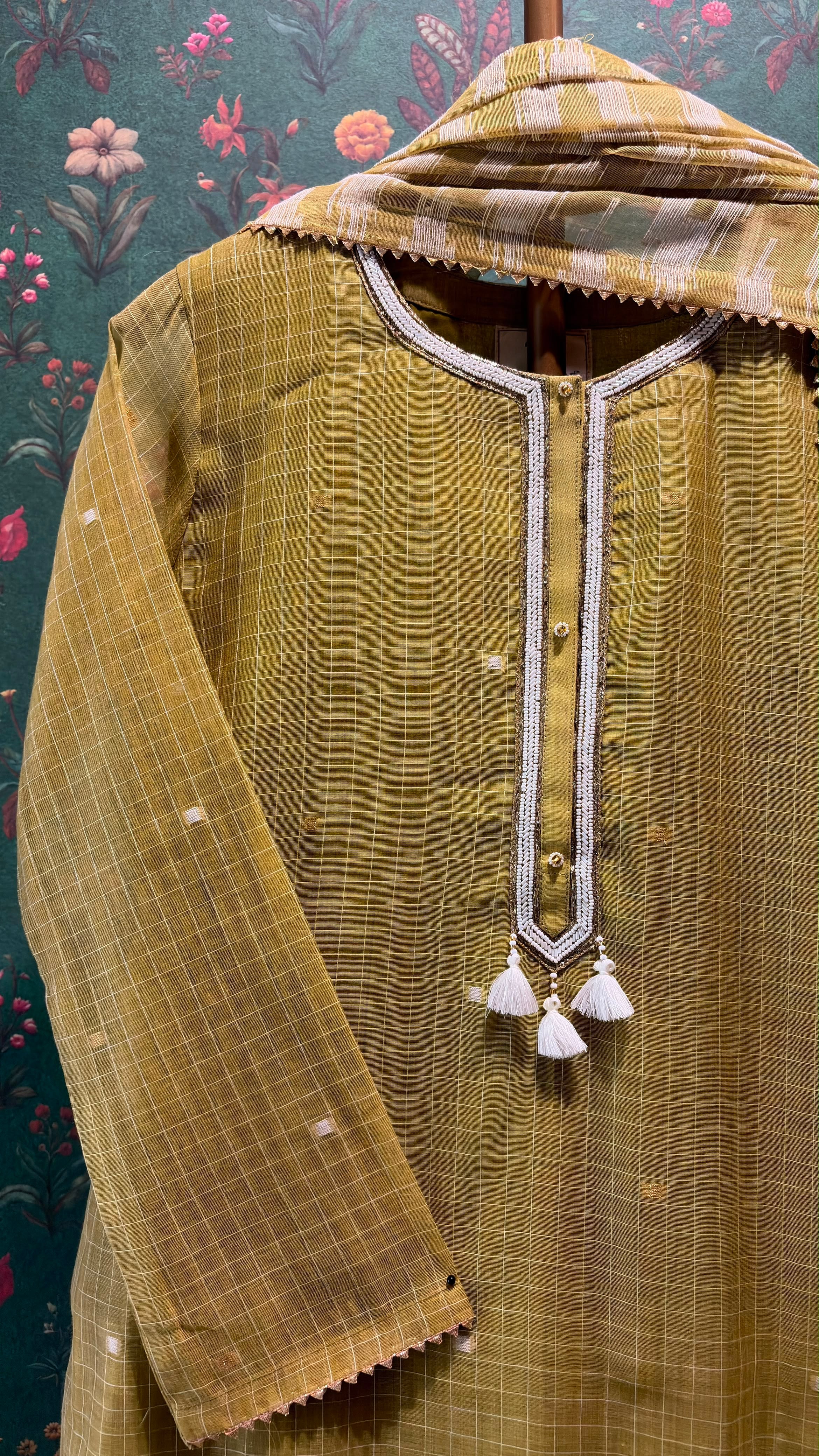Olive Mustard Handwoven Check Pure Chanderi Suit Set