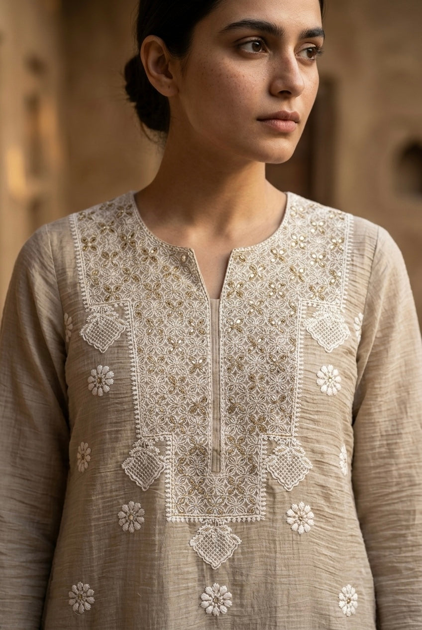 Sand Beige Mul-Chanderi Kurta/Co-ord Set