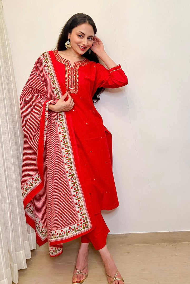 Red Cotton Suit Set, with Dori Work | HER-184